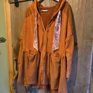 Juna Boho Rust Orange Hooded Jacket with Floral Accents